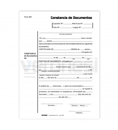 Constancia de documento F.867 X 50